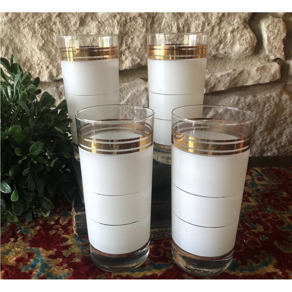 4 Vtg Luminarc J.G. Durand "After Hours" Frosted Highball Glasses Gold Band